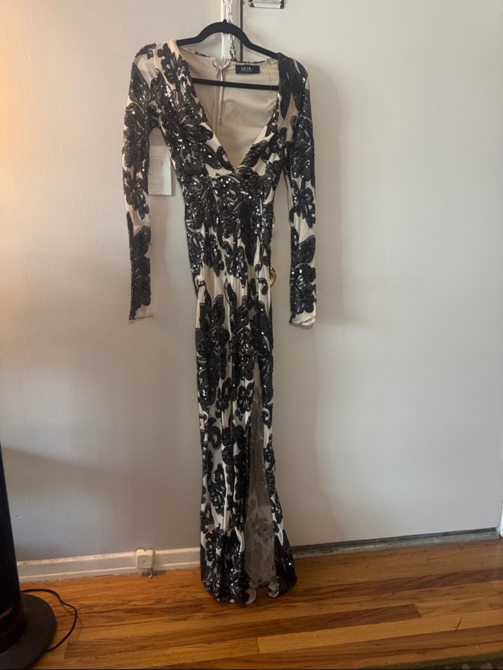 AKIRA Black Sequin Floral V-Neck Maxi Dress on Ivory